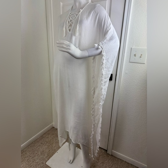 Walter Baker Cover Up One Size White Acapulco Kaftan Maxi Dress Tassels #186 - Picture 4 of 14